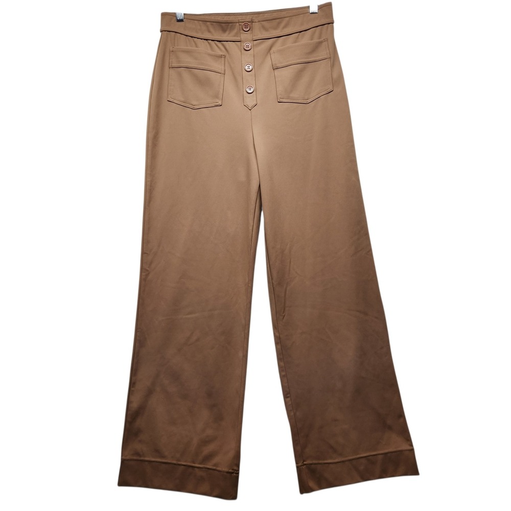 Halara Tan Brown Wide Leg High Waisted Button Detail Stretch Pants Womens Large
